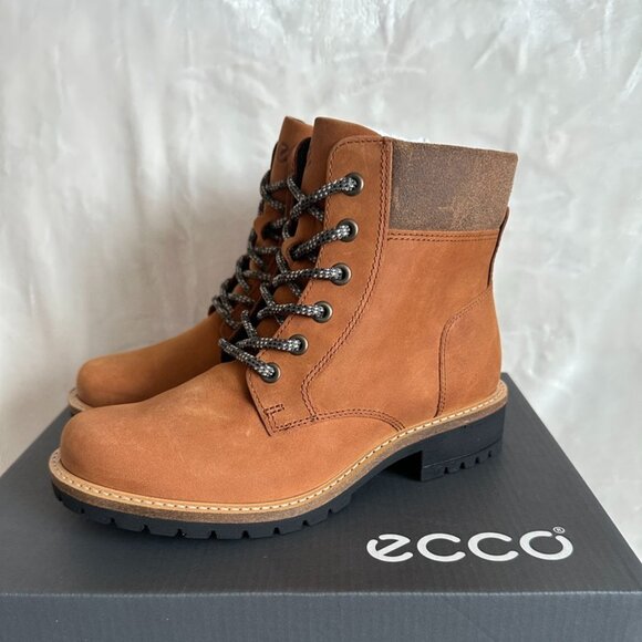 NIB! Ecco Elaina Lace Hydromax Ankle Boot 202123 Womens Size 5-5.5 Cognac/Brown - Picture 2 of 12